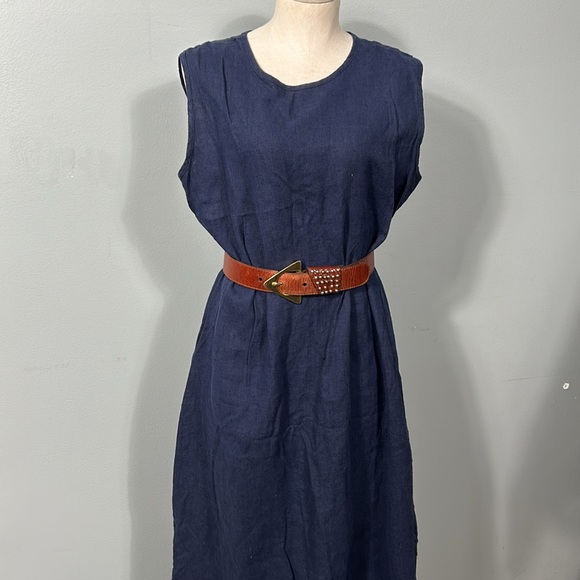 Vintage Navy 100% linen Maxi Relaxed Fit Side Slit Crew Neck Dress size 16 - Picture 3 of 15
